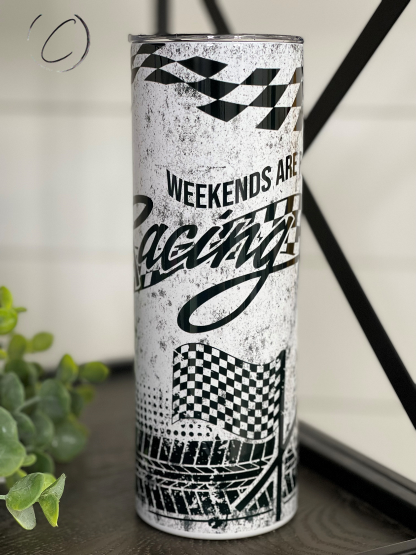 A stylish 20oz skinny tumbler featuring a racing-themed design, perfect for hydration on the go.