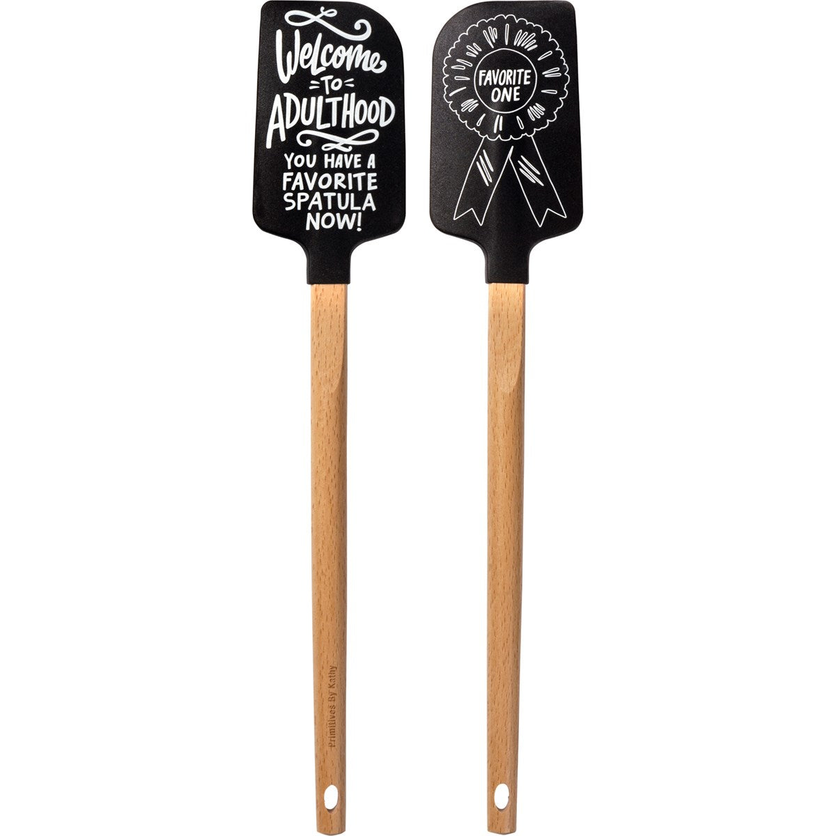 A humorous silicone spatula with a wooden handle, featuring a playful message and a prize ribbon design.