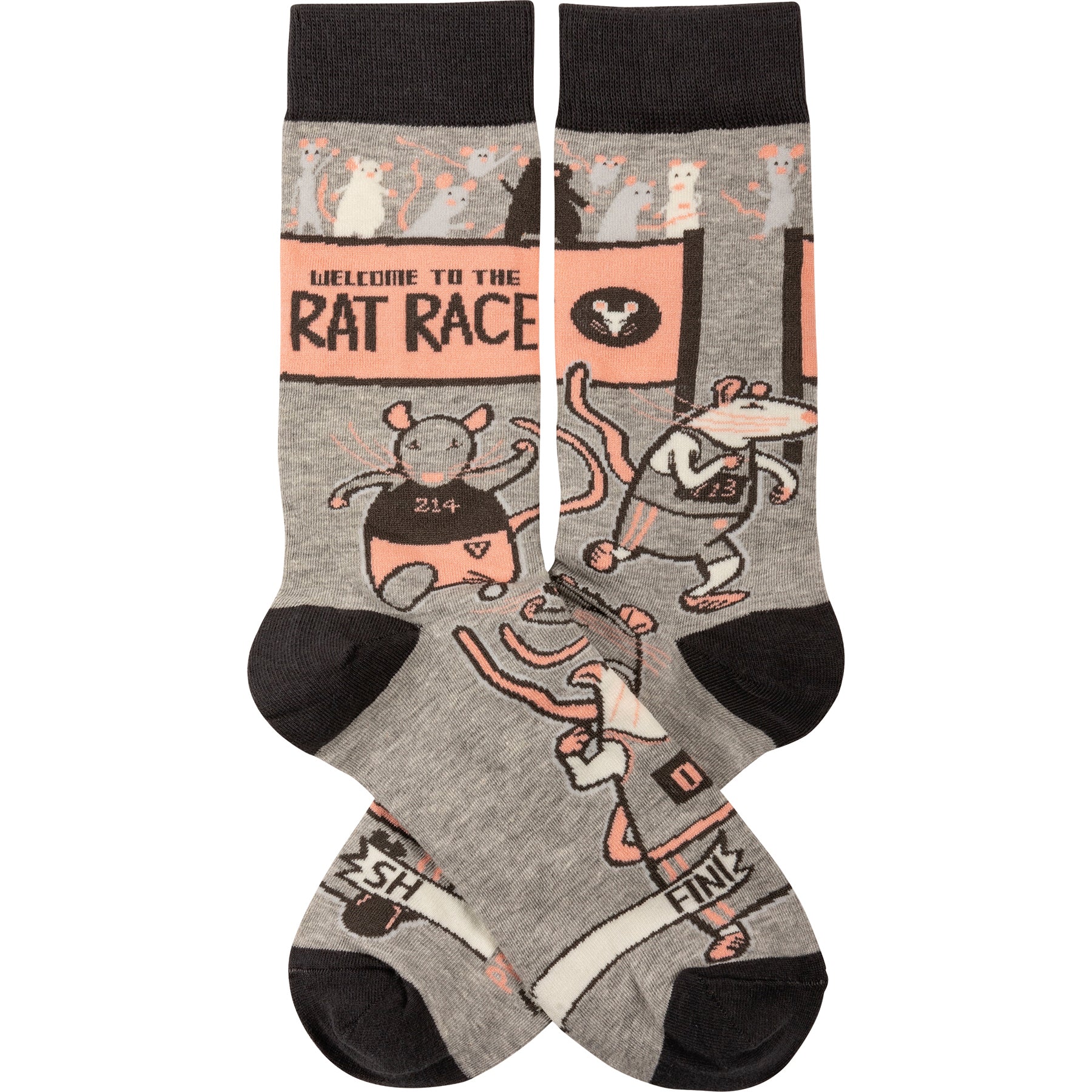 Gray funny socks with woven design saying 'Welcome To The Rat Race', suitable for unisex wear.