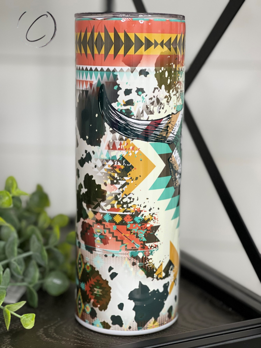 Western Aztec Bull Skull 20oz Skinny Tumbler with vibrant design and reusable straw.