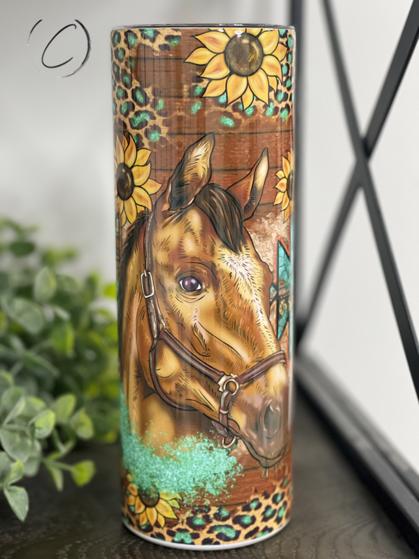 Western Sunflower Horse 20oz Skinny Tumbler featuring a vibrant sunflower and horse design, perfect for stylish beverage enjoyment.