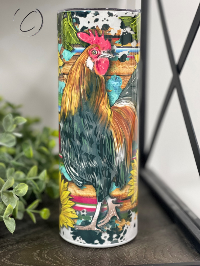 Western Sunflower Rooster 20oz Skinny Tumbler with vibrant sunflower design, reusable straw included.