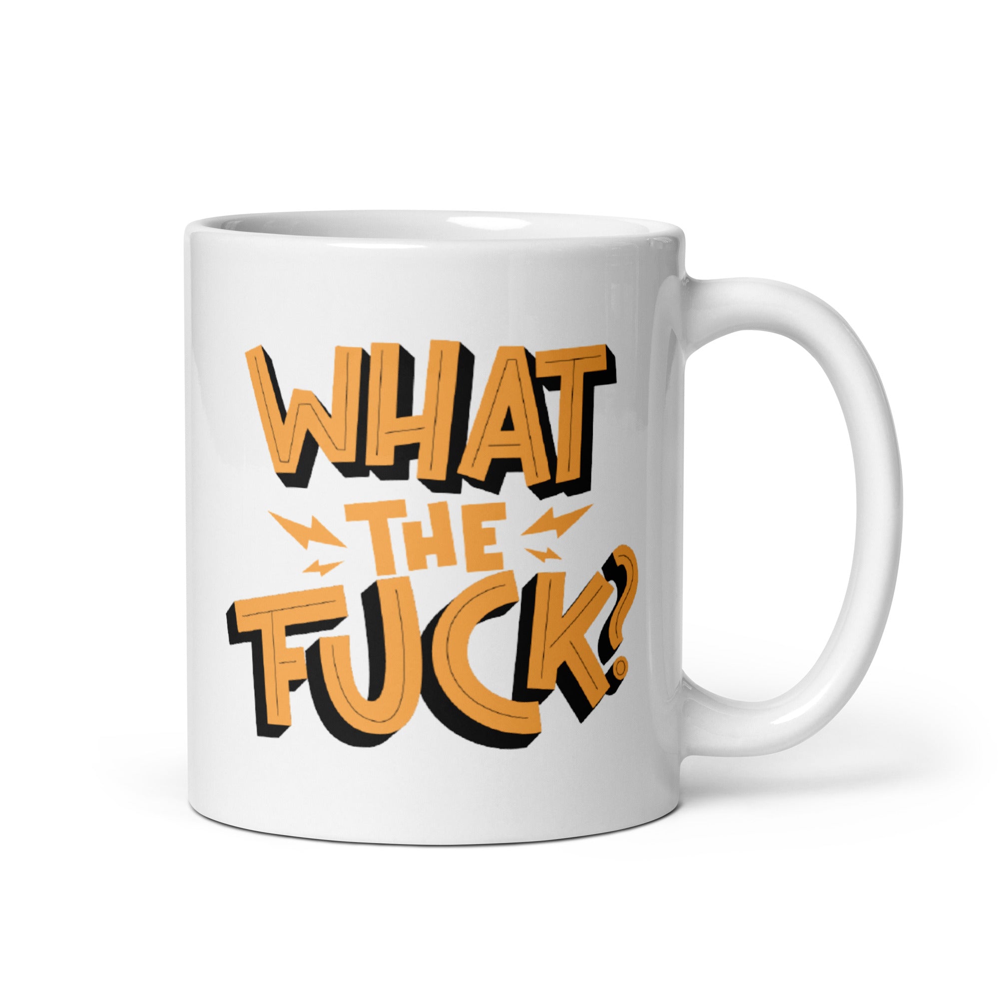 What The Fuck Funny Mug with a humorous design, available in two sizes, showcasing its glossy ceramic finish.