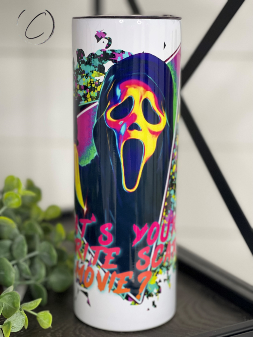 What's Your Fav Scary Movie 20oz Skinny Tumbler featuring a horror-themed design, reusable straw, and durable construction.
