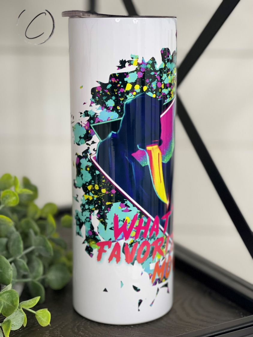 What's Your Fav Scary Movie 20oz Skinny Tumbler featuring a horror-themed design, reusable straw, and durable construction.