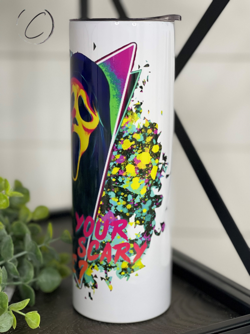 What's Your Fav Scary Movie 20oz Skinny Tumbler featuring a horror-themed design, reusable straw, and durable construction.