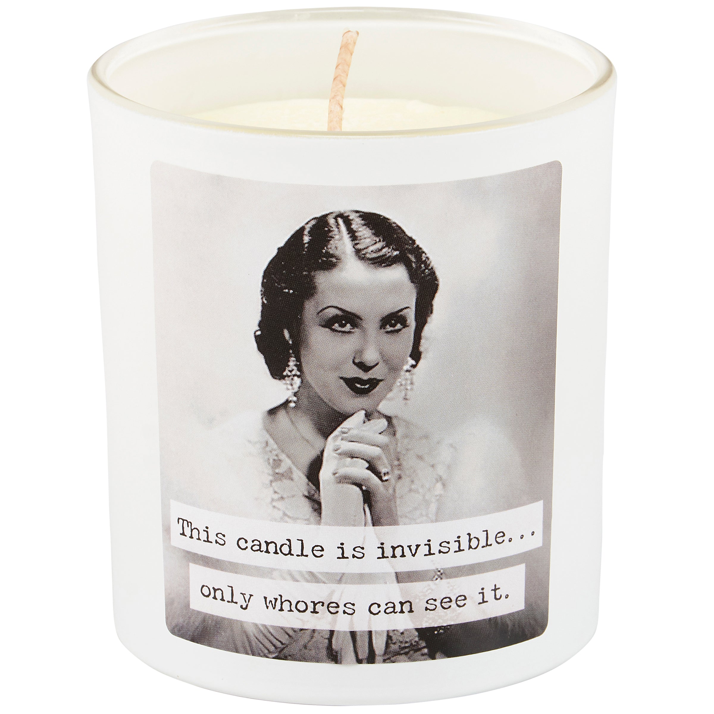 Whores Candle featuring a vintage black and white photograph on frosted white glass with humorous sentiment.