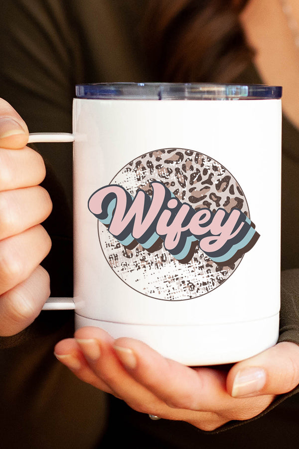 Wifey Leopard Circle Stainless Steel Coffee Travel Cup with double wall insulation and stylish leopard print design.