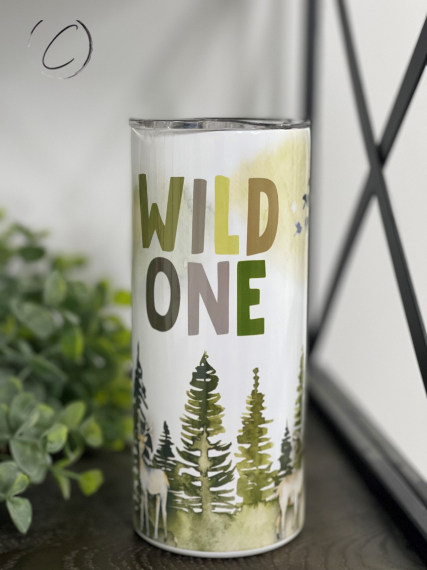 Wild One 15oz Kids Skinny Tumbler featuring a vibrant full wrap design and a reusable straw, perfect for kids' beverages.