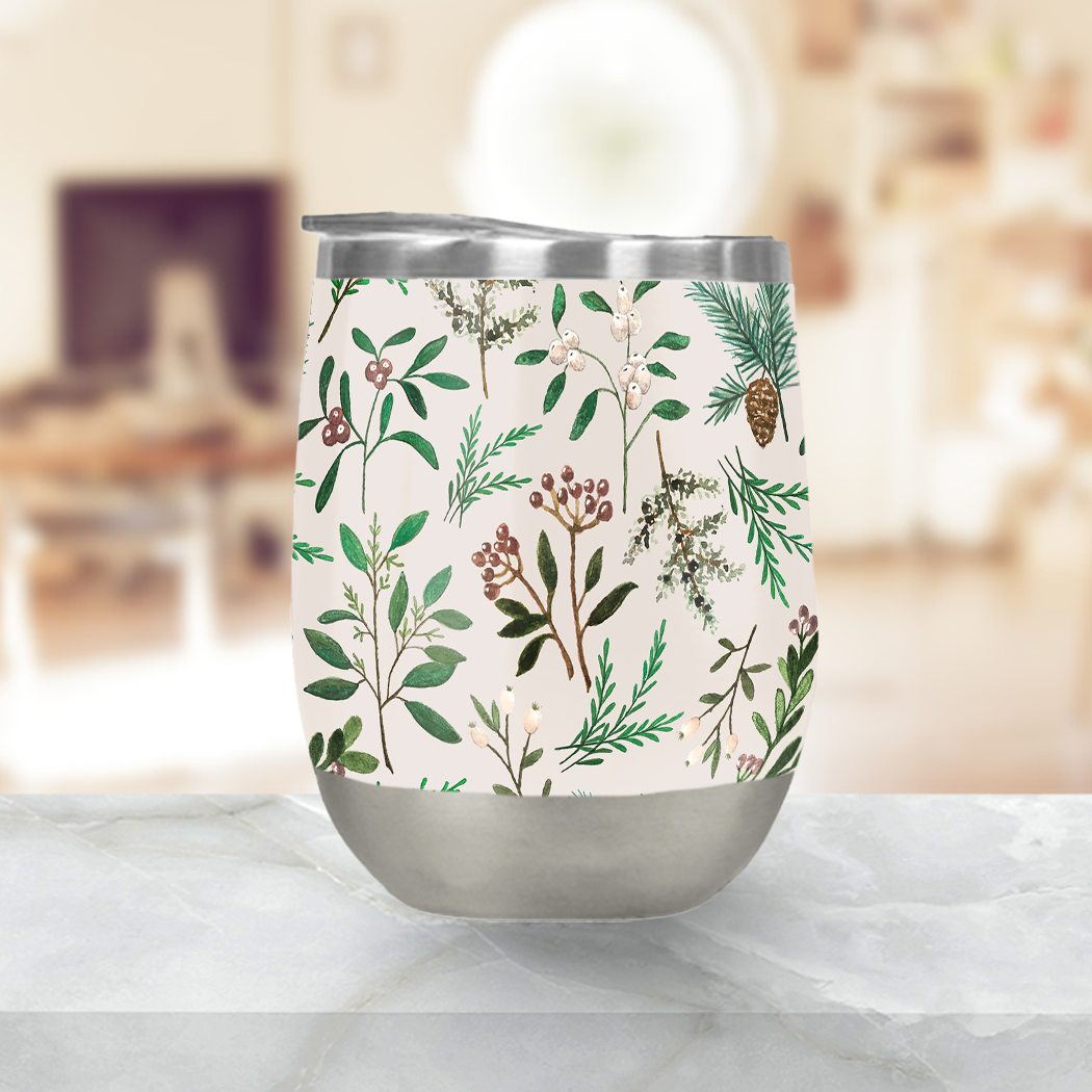 Winter Berry Stemless Wine Tumbler showcasing its vibrant design and stainless steel construction, perfect for outdoor use.