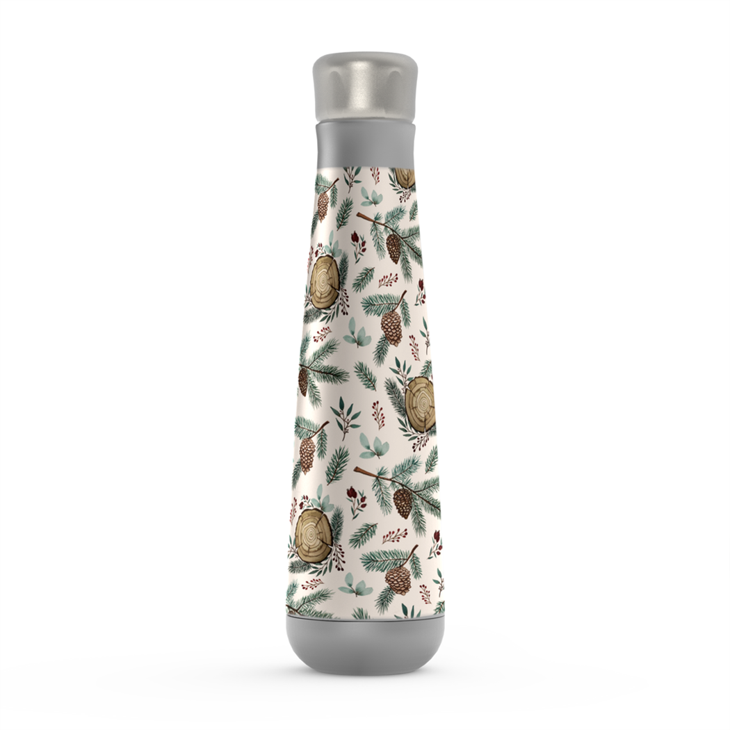 Stylish 16oz stainless steel water bottle featuring winter branches, berries, and pine cones design, perfect for hydration on the go.