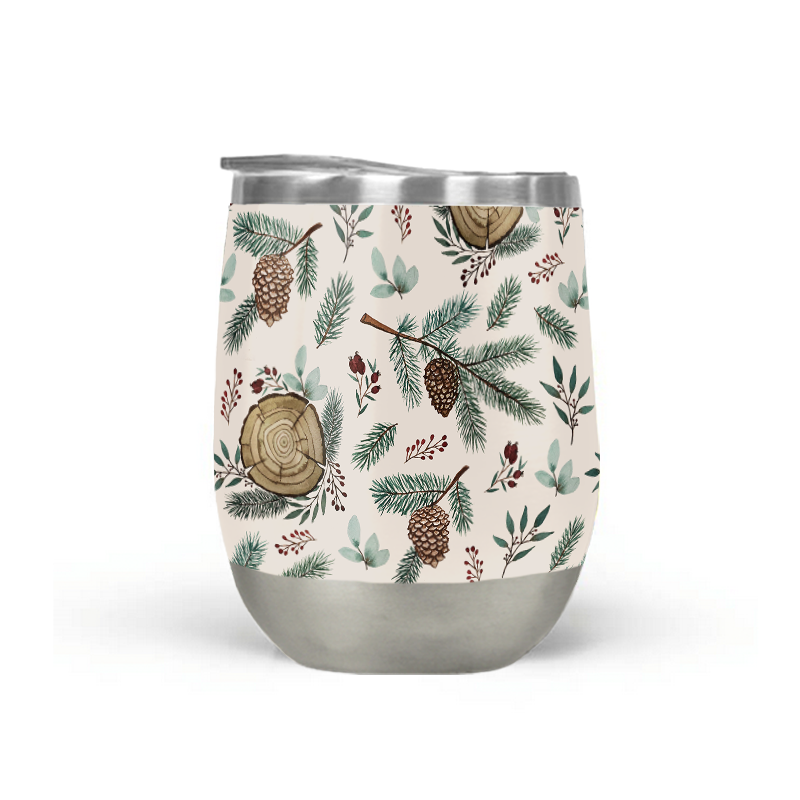 A stylish stemless wine tumbler featuring winter branches, berries, and pine cones design, made of stainless steel with a plastic lid.