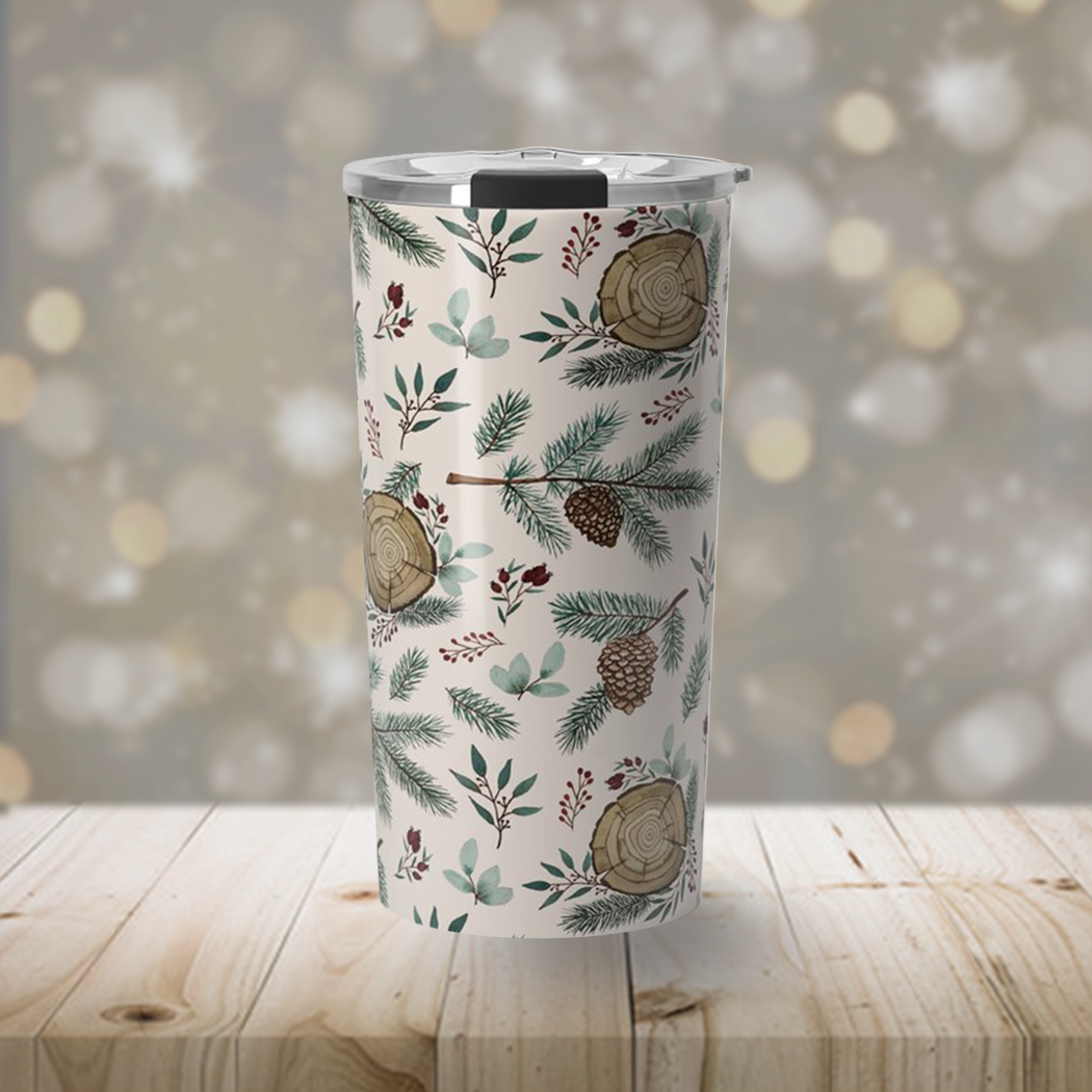 A stylish travel mug featuring winter branches, berries, and pine cones design, made of stainless steel with a double-walled construction.