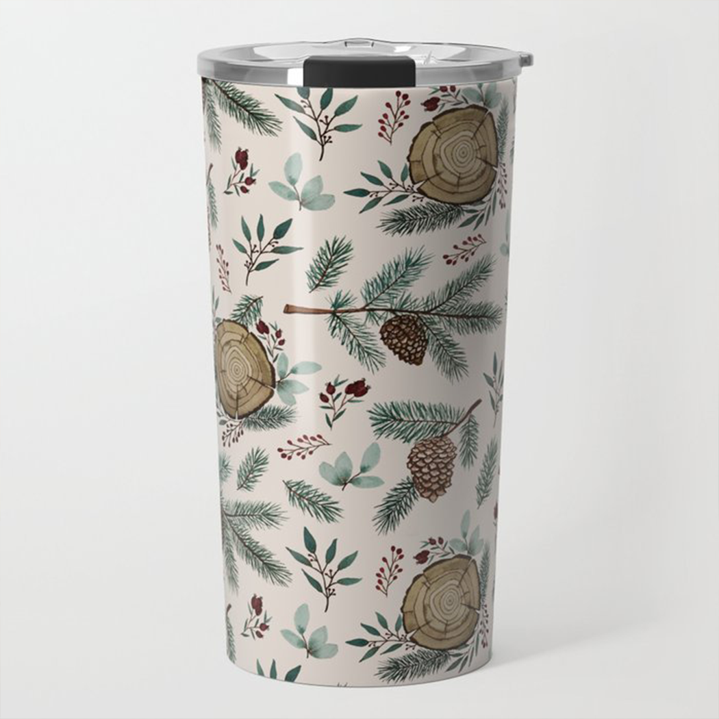 A stylish travel mug featuring winter branches, berries, and pine cones design, made of stainless steel with a double-walled construction.