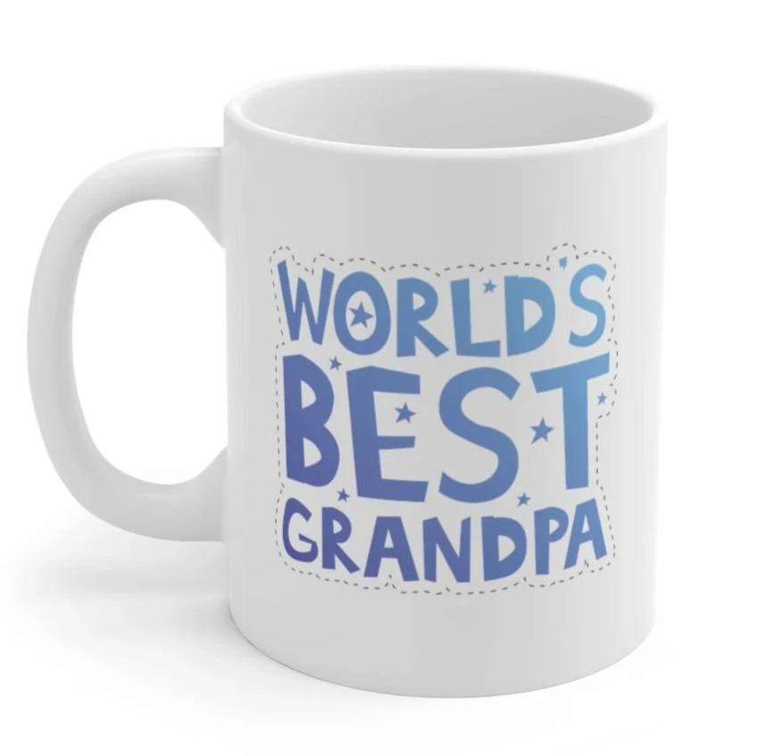 A white ceramic mug with the text 'World's Best Grandpa' printed on it, featuring a classic shape and C-handle.