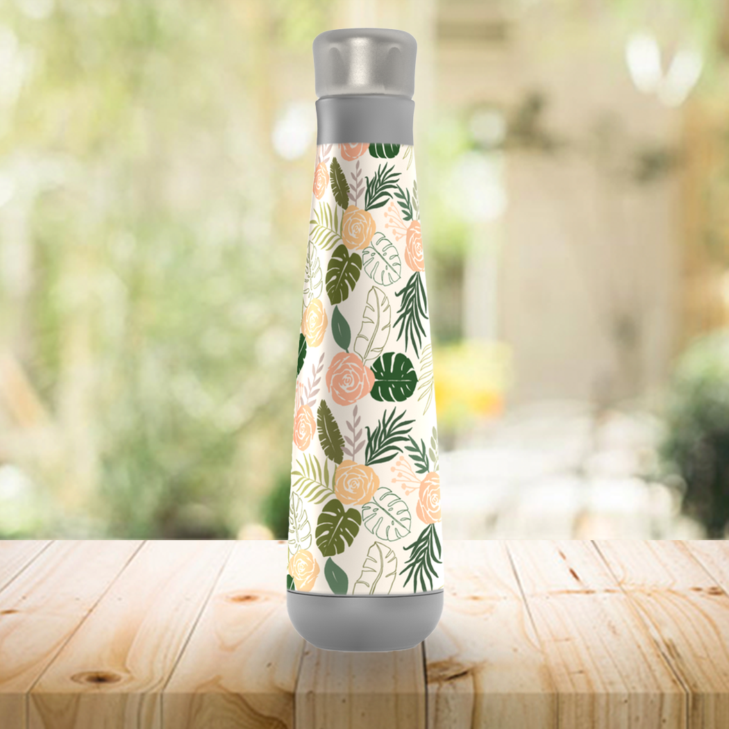 Yellow and green tropical floral patterned stainless steel water bottle with a screw-on lid, showcasing a stylish design.