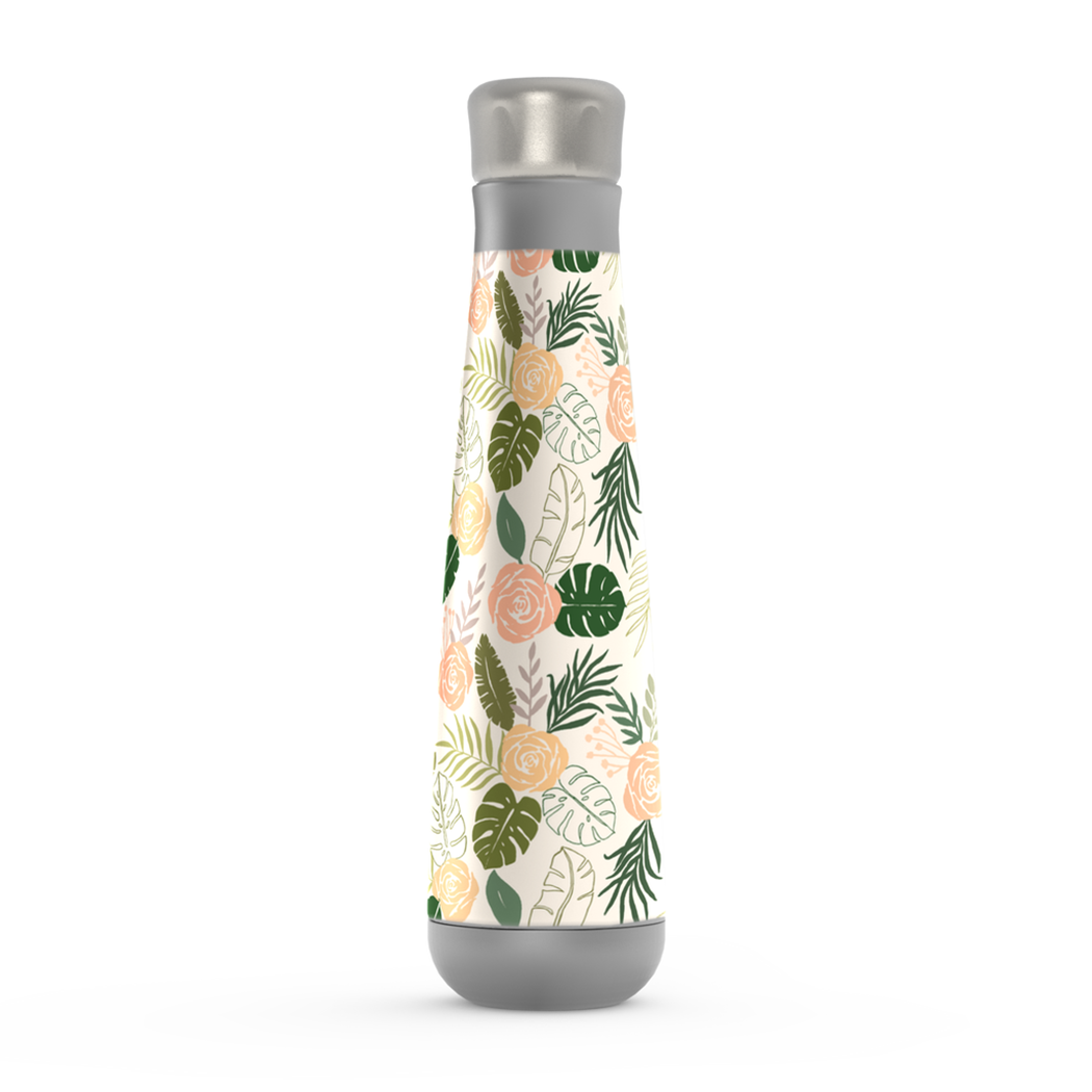 Yellow and green tropical floral patterned stainless steel water bottle with a screw-on lid, showcasing a stylish design.
