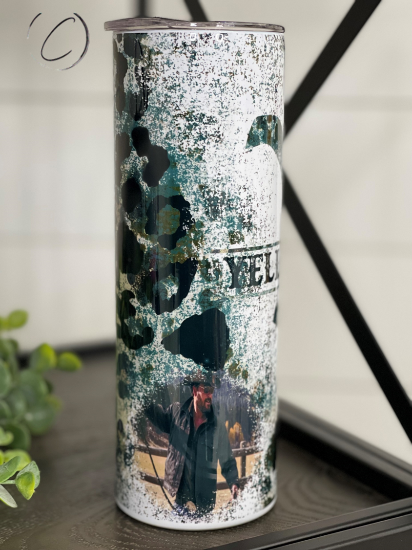 Yellowstone Rustic Leopard 20oz Skinny Tumbler with a unique leopard print design, featuring a reusable straw.