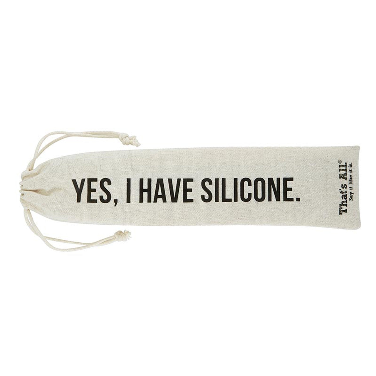 Colorful silicone straw set with a cleaning brush and drawstring bag, featuring the phrase 'Yes, I have silicone.'