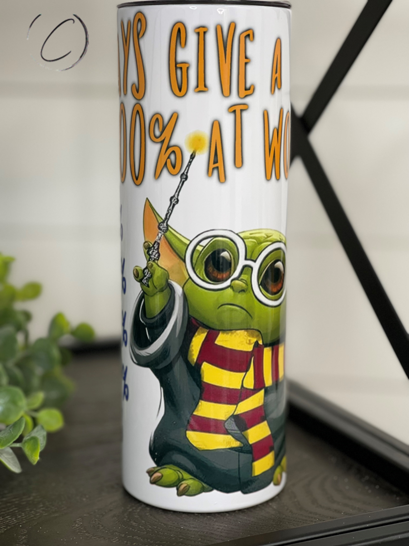 Yoda Work Week 20oz Skinny Tumbler featuring a vibrant design, reusable straw, and durable construction.
