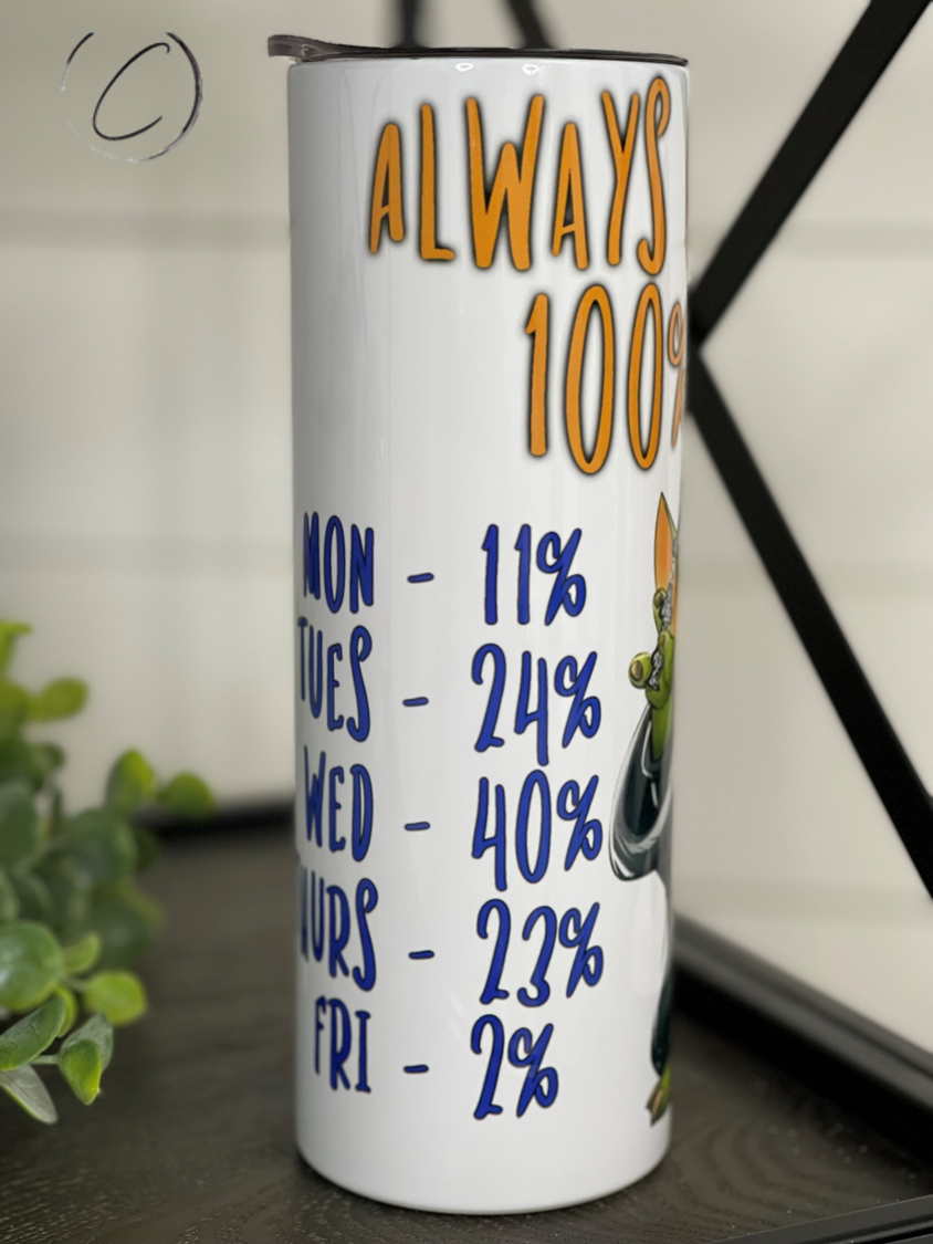 Yoda Work Week 20oz Skinny Tumbler featuring a vibrant design, reusable straw, and durable construction.