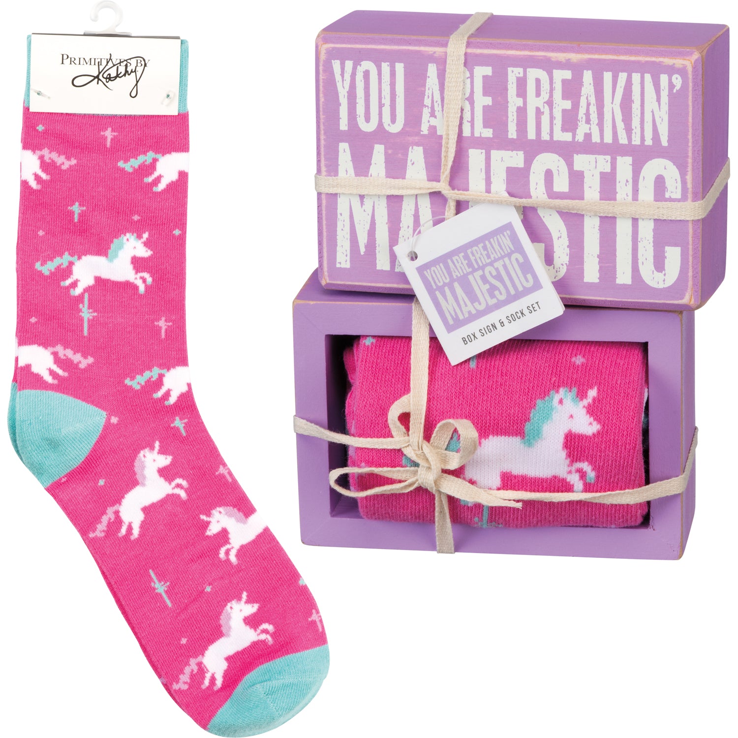 You Are Freakin' Majestic Unicorn Box Sign and Socks Giftable Set featuring a colorful box sign and whimsical unicorn socks.
