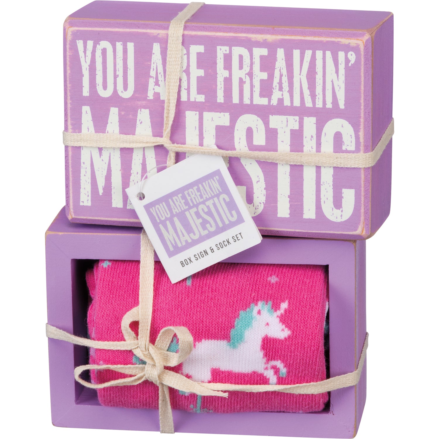 You Are Freakin' Majestic Unicorn Box Sign and Socks Giftable Set featuring a colorful box sign and whimsical unicorn socks.