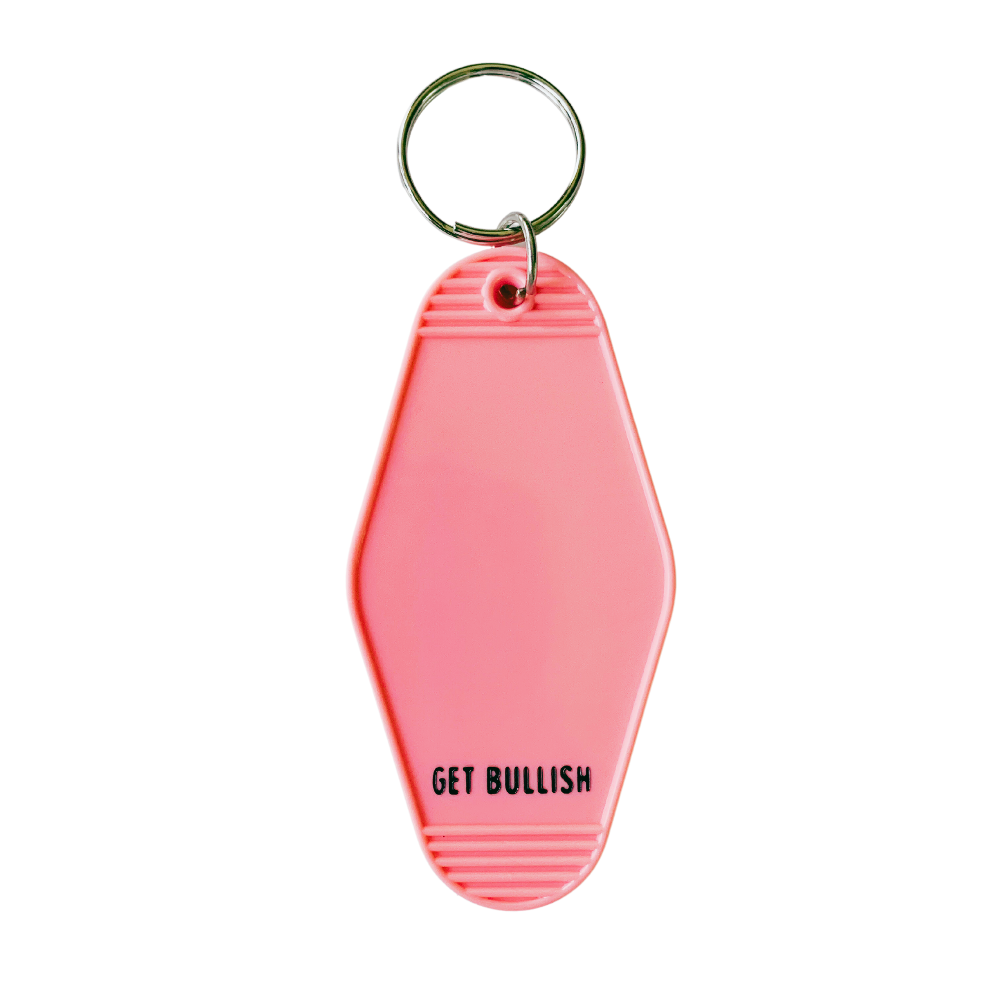 Pink motel-style keychain with cat-themed text, perfect for homeowners.