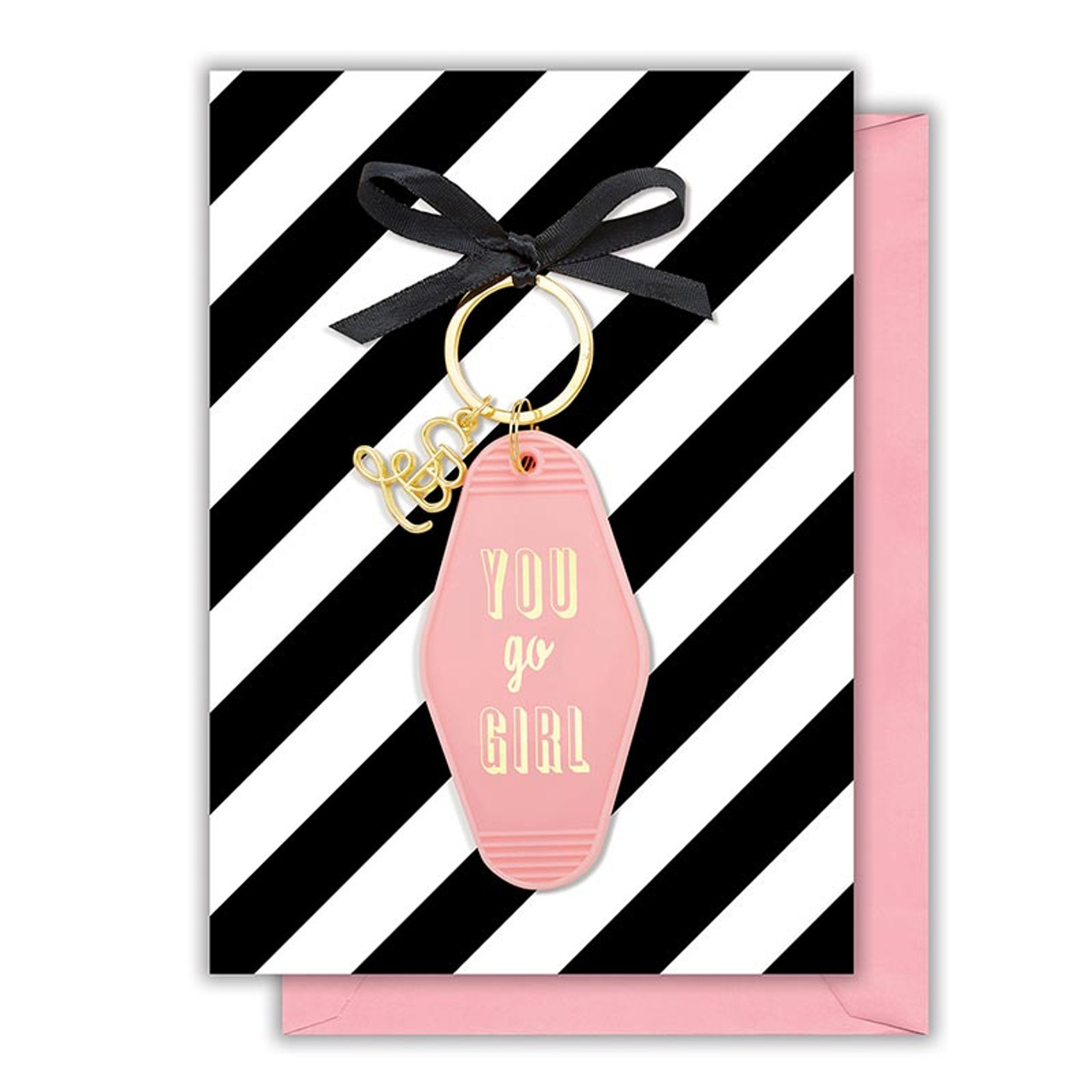 You Go Girl Motel Style Keychain with a colorful greeting card, featuring motivational phrases and vibrant design.