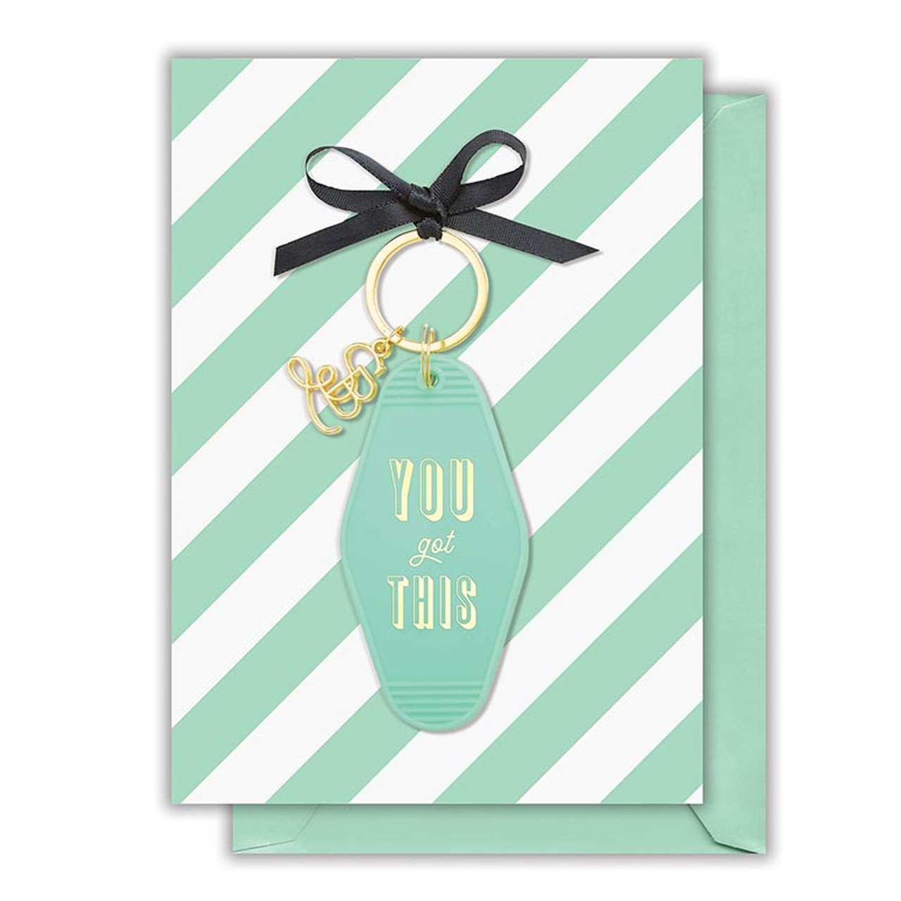 You Got This Motel Style Keychain with a colorful greeting card, featuring motivational phrases, perfect gift for her.