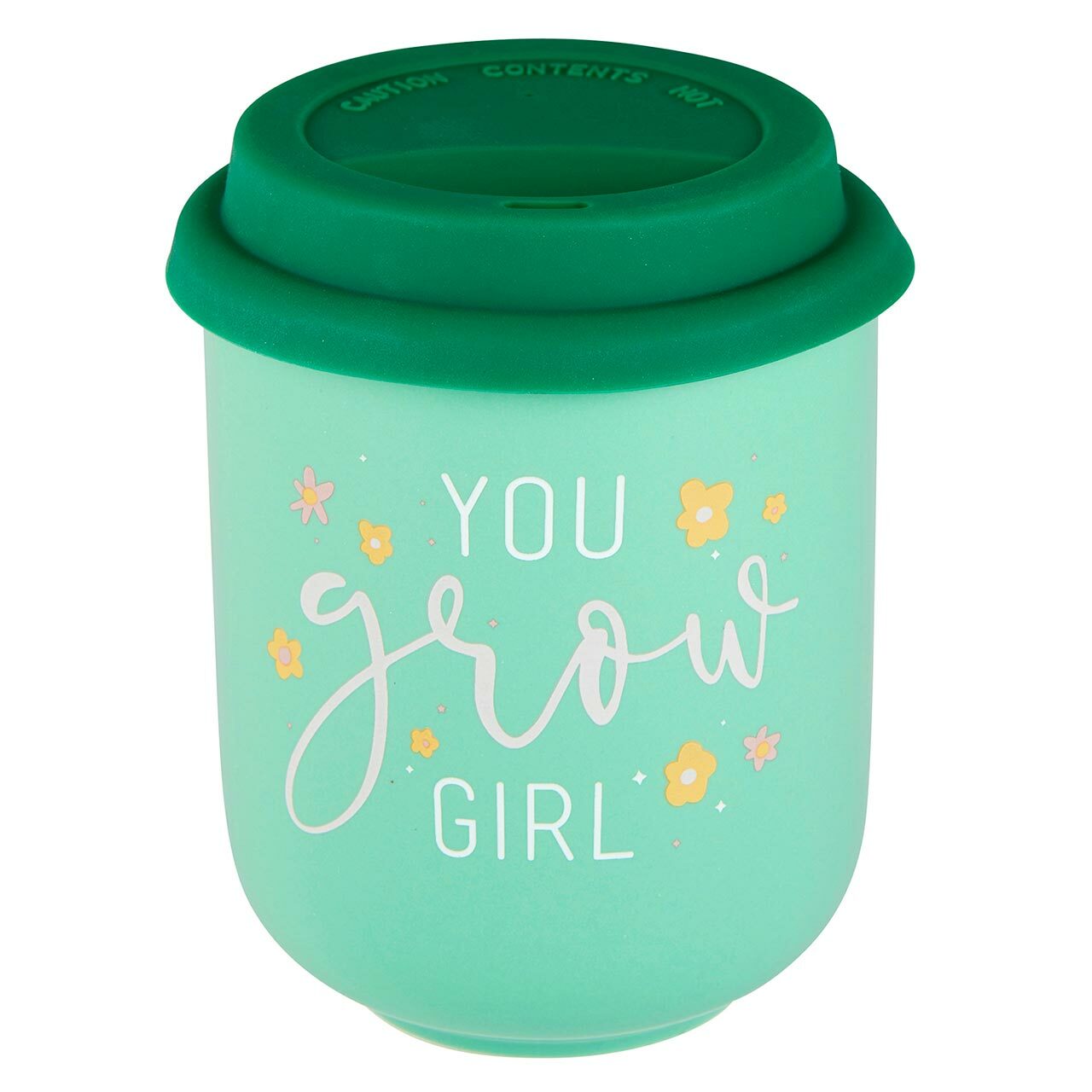 You Grow Girl Ceramic To Go Mug in light green with white lettering and silicone lid, perfect for eco-friendly beverage enjoyment.