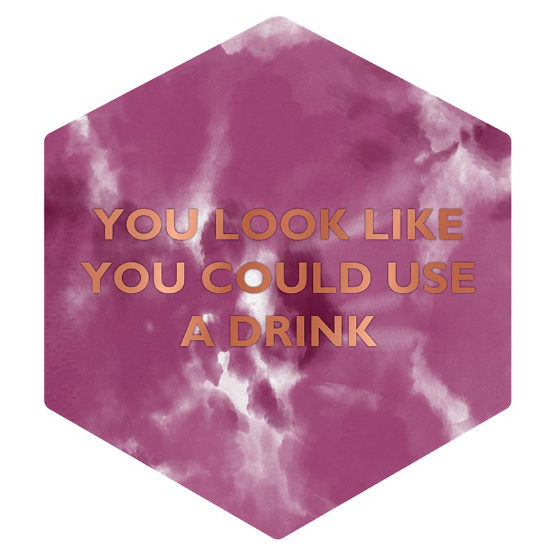Purple and white tie-dye party napkins with gold foil text saying 'You look like you could use a drink', perfect for cocktails.