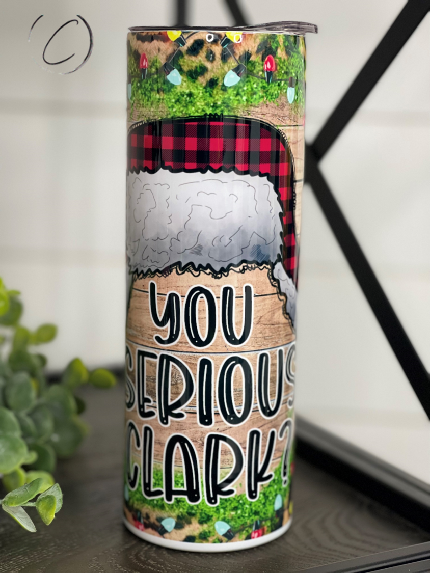 You Serious Clark 20oz Skinny Tumbler with a vibrant full wrap design and reusable straw, perfect for stylish hydration.