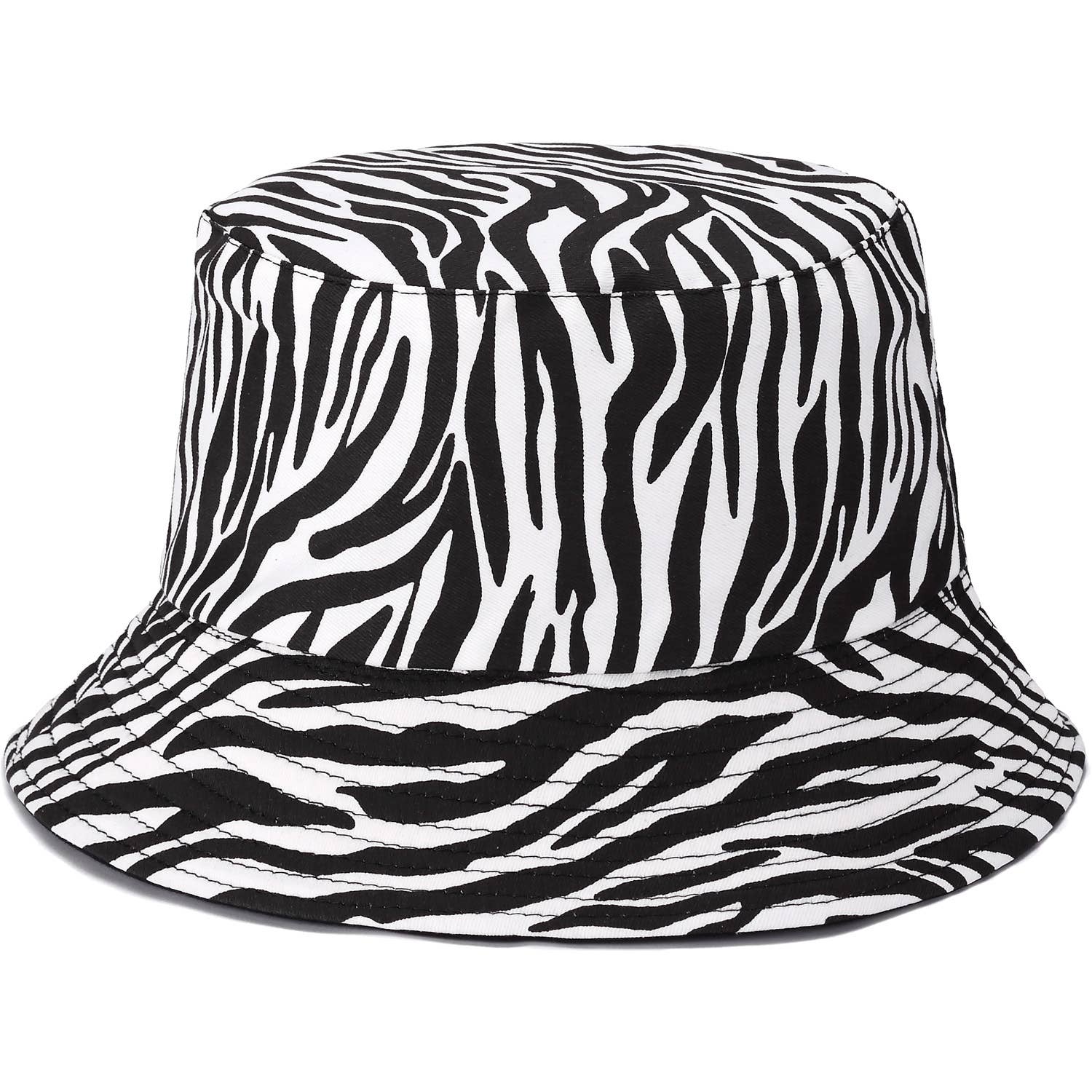 Zebra Print Bucket Hat in Black and White, showcasing a reversible design and made from 100% cotton, perfect for summer wear.