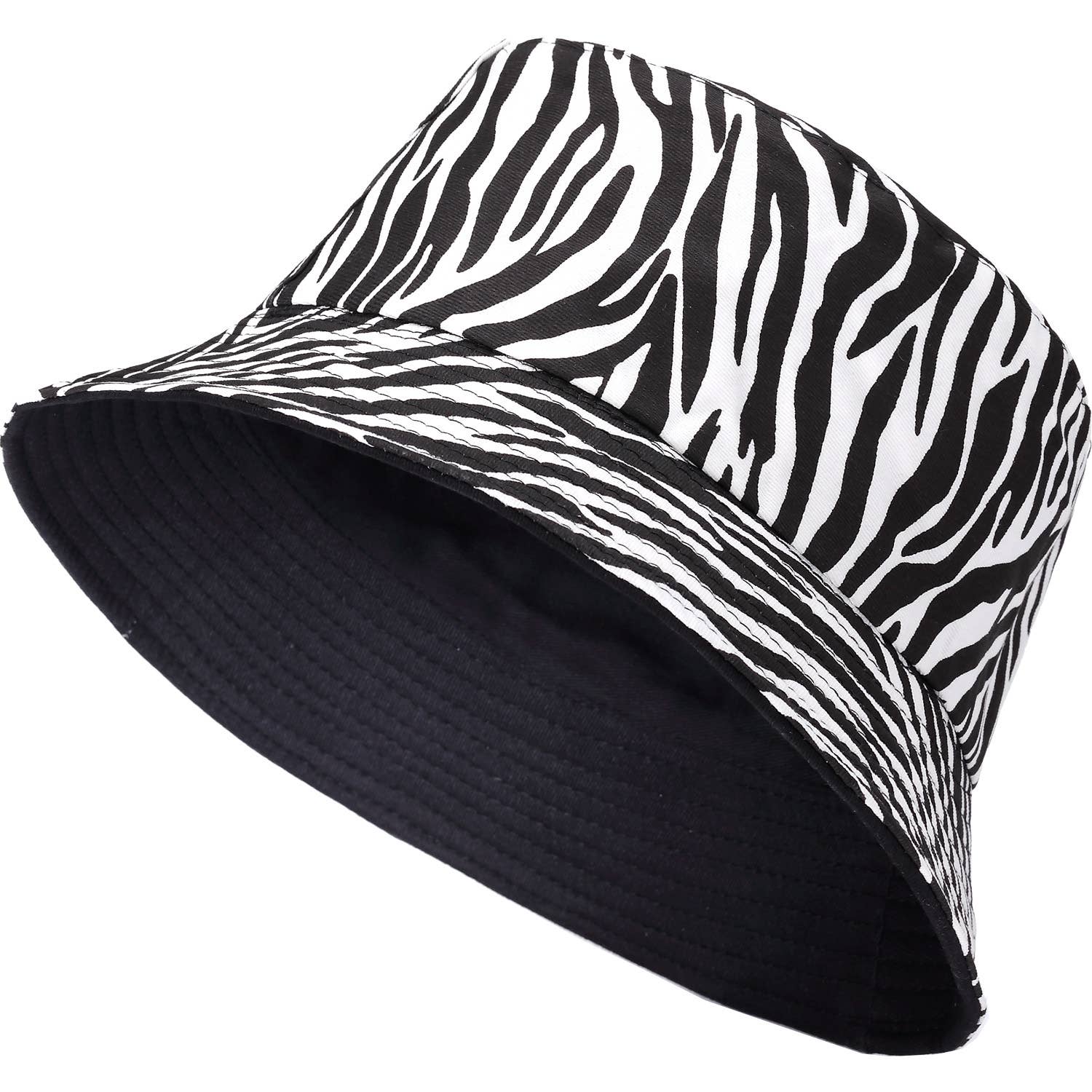 Zebra Print Bucket Hat in Black and White, showcasing a reversible design and made from 100% cotton, perfect for summer wear.