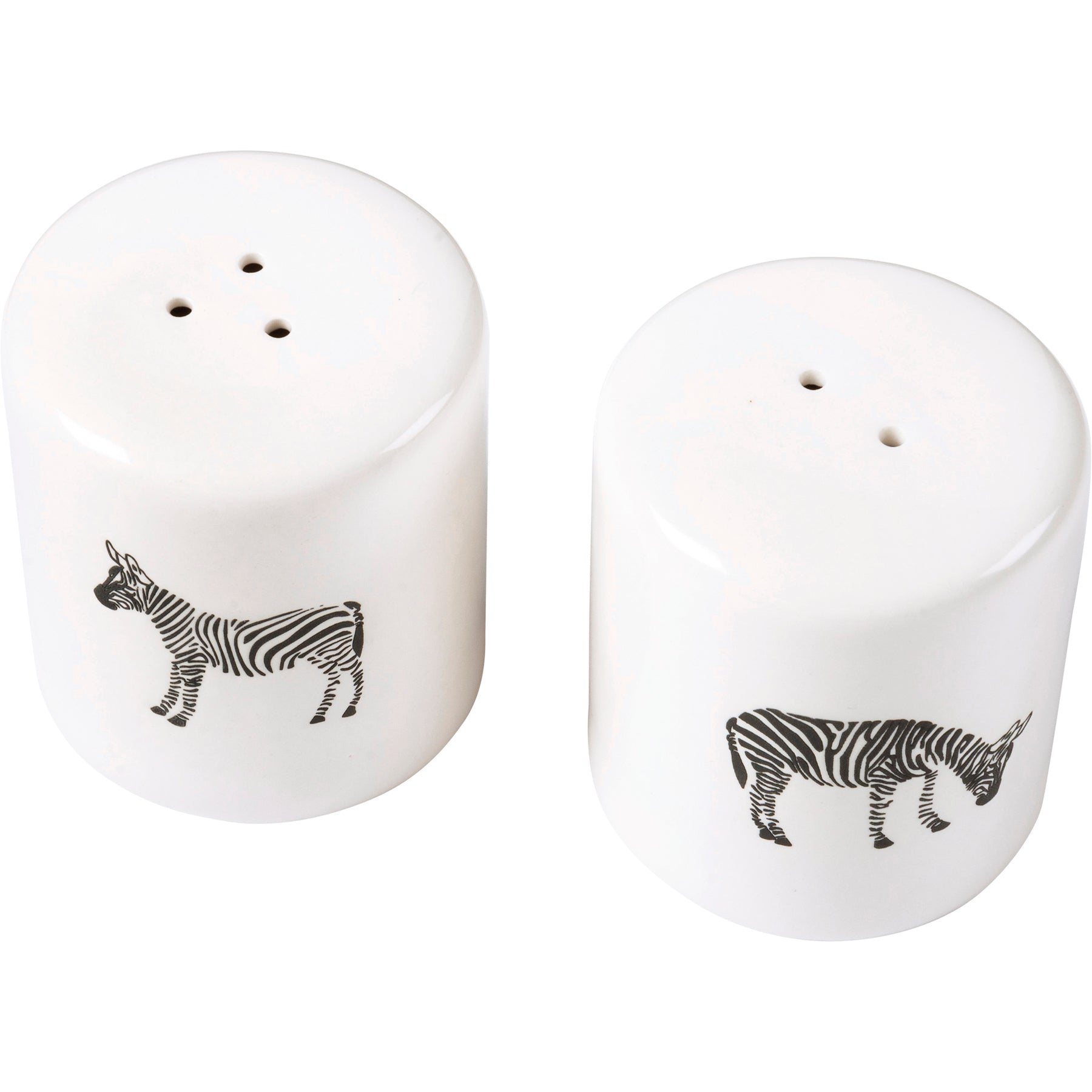 White stoneware salt and pepper shakers with zebra designs, perfect for farmhouse decor.