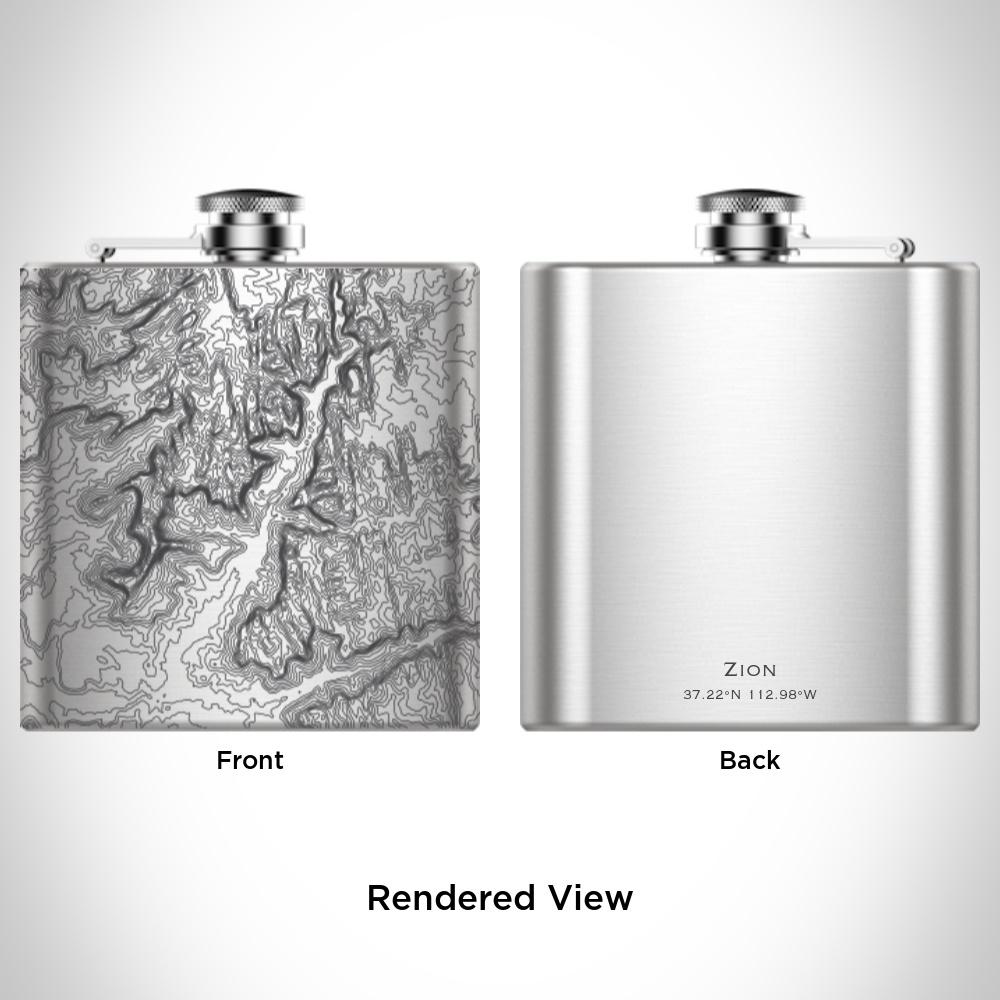 Custom engraved 6oz hip flask featuring a detailed map of Zion National Park, Utah, with a canvas bag and funnel included.