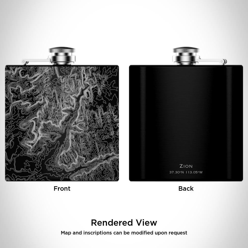 Matte black hip flask featuring a custom engraved map of Zion National Park, Utah, with coordinates, alongside a canvas bag and funnel.