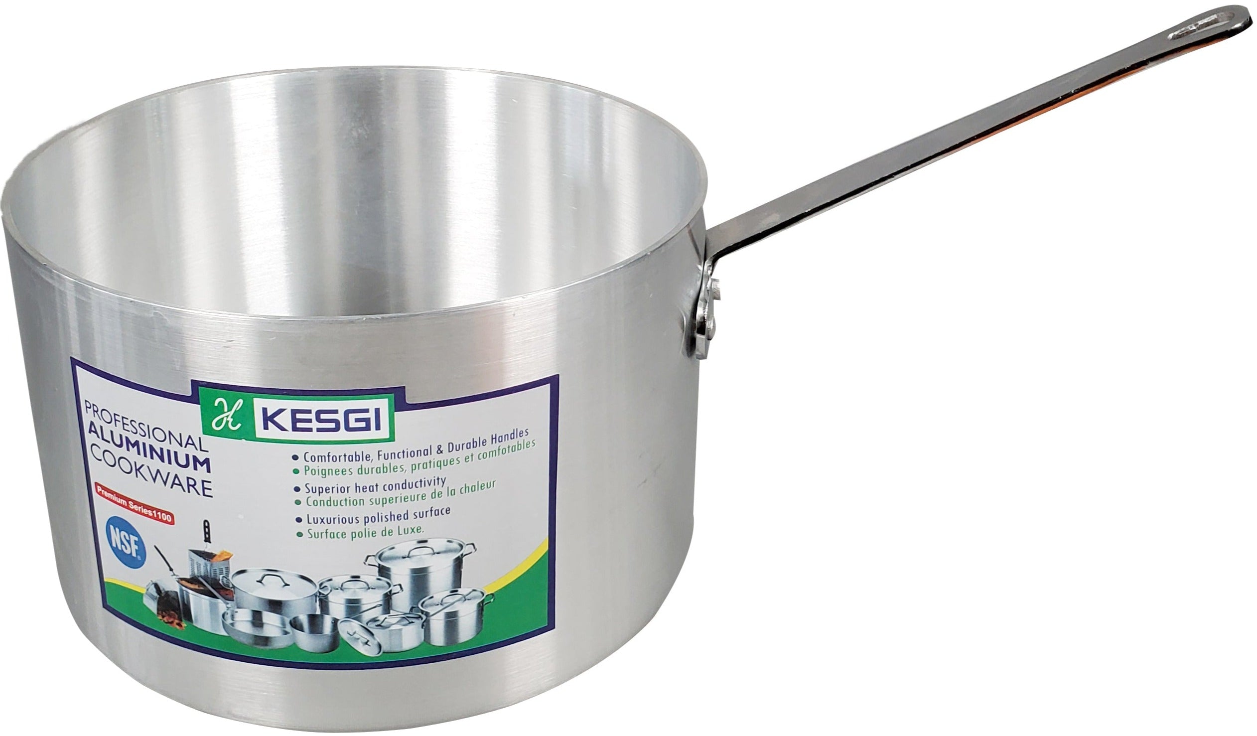 A large 11 L sauce pan with straight sides, measuring 11 inches in diameter and 6.8 inches in height, featuring a sturdy handle for easy lifting.