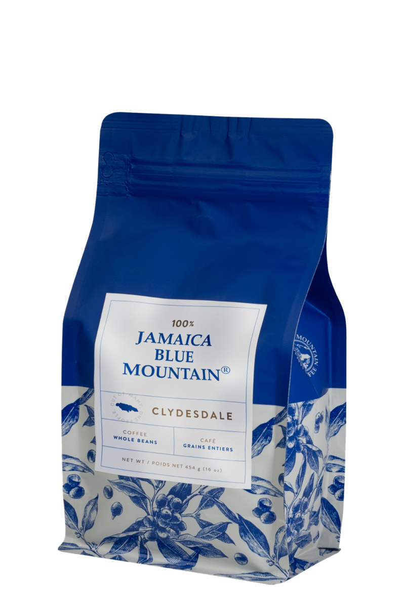A bag of 100% Jamaica Blue Mountain® Coffee showcasing its premium quality and rich aroma.