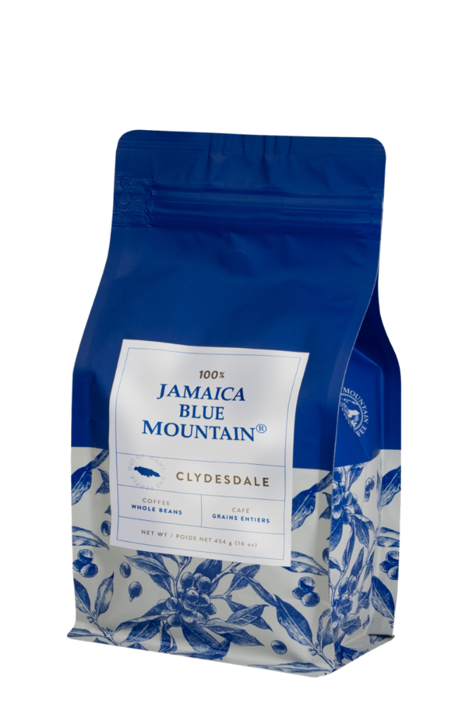 A bag of 100% Jamaica Blue Mountain® Coffee showcasing its premium quality and rich aroma.