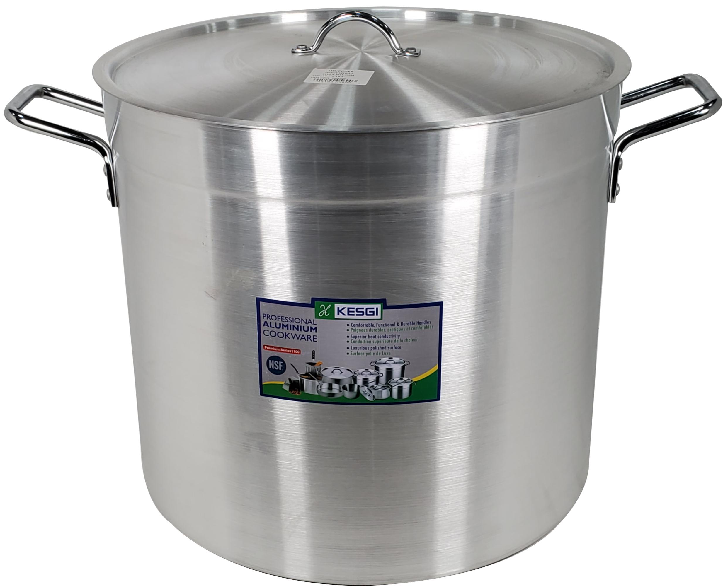 A large 100 L stock pot with a lid, measuring 19.7 inches in diameter and 18.5 inches in height, designed for bulk cooking.