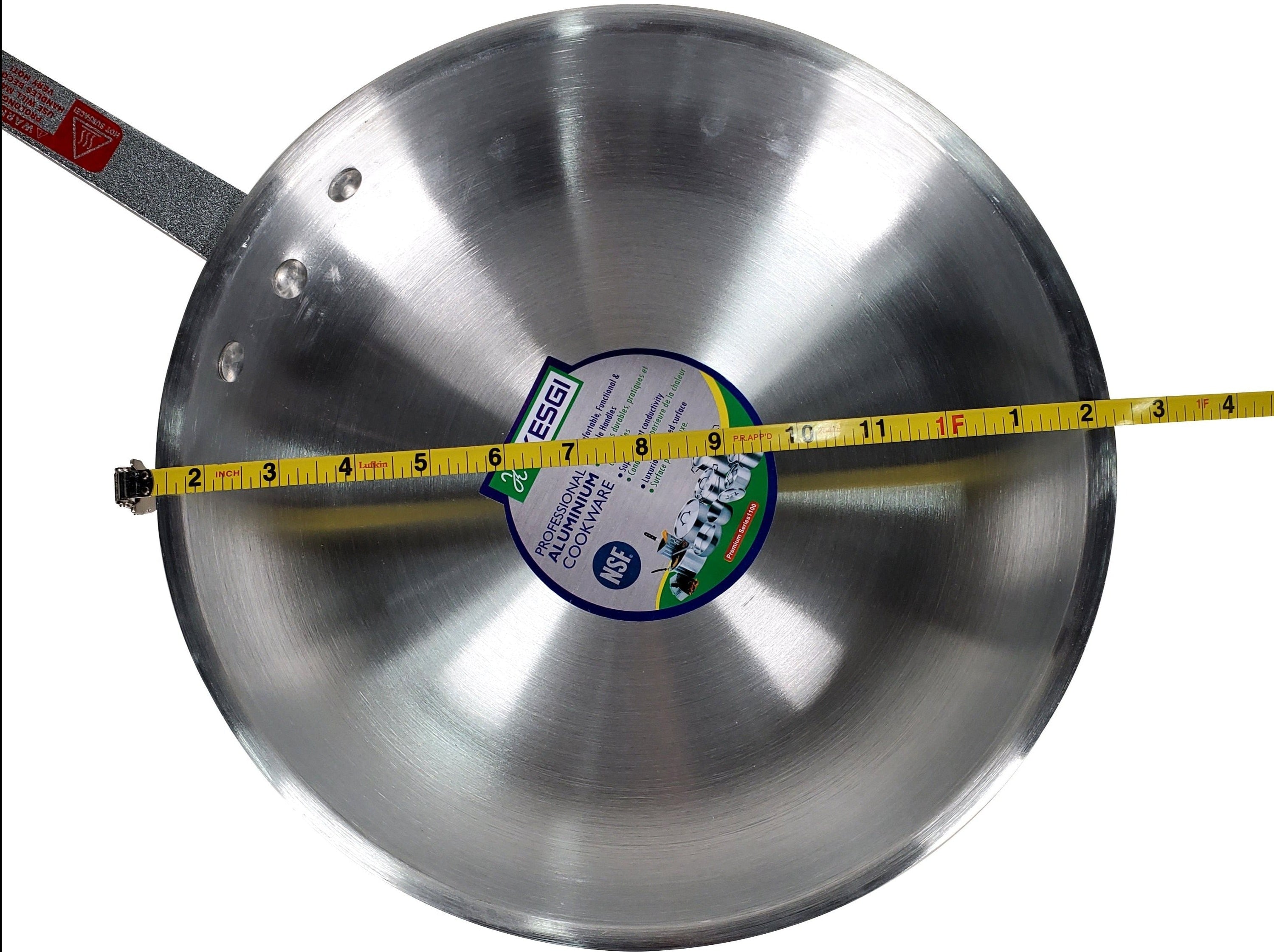 A 12-inch frying pan with a sleek metal finish, showcasing its non-stick surface and ergonomic handle, ideal for various cooking tasks.