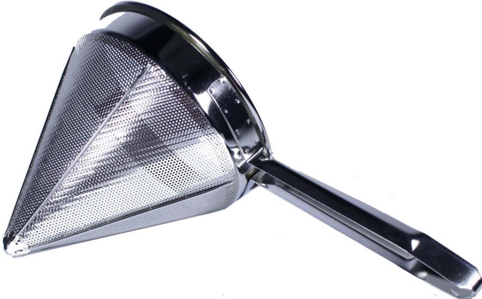 12-inch China cap strainer with coarse mesh for efficient straining in the kitchen.