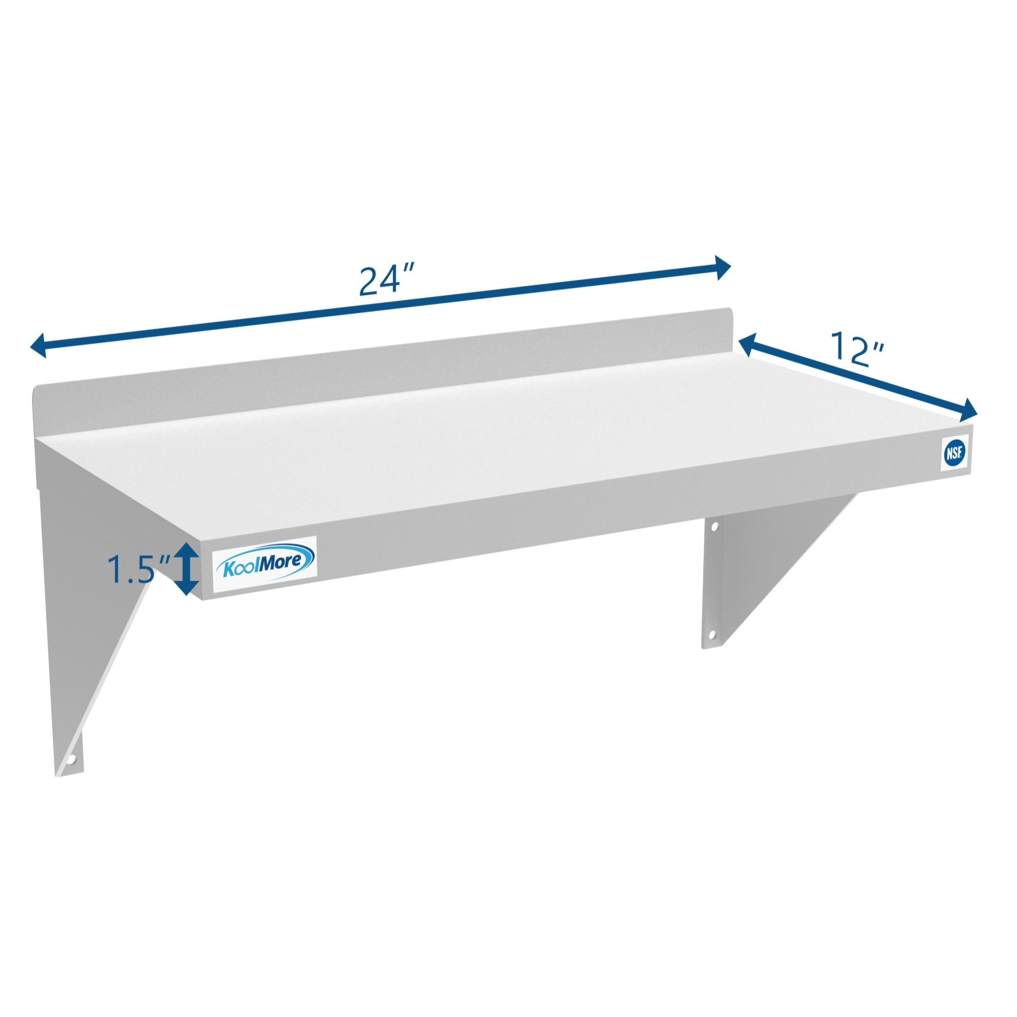 KoolMore 12" x 24" 18-Gauge Stainless-Steel Heavy Duty Wall Shelf with backsplash, showcasing its sturdy design and mounting brackets.