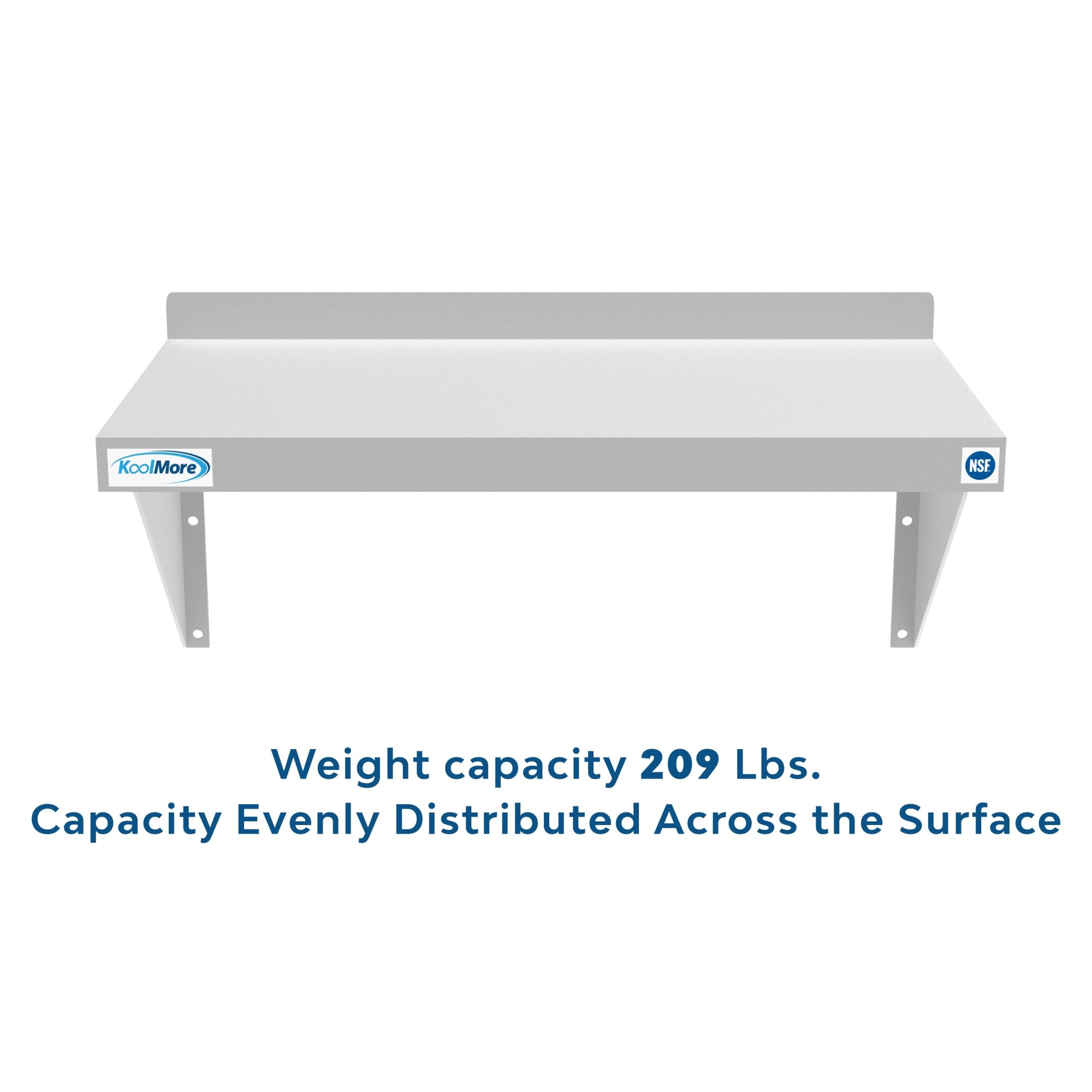 KoolMore 12" x 24" 18-Gauge Stainless-Steel Heavy Duty Wall Shelf with backsplash, showcasing its sturdy design and mounting brackets.