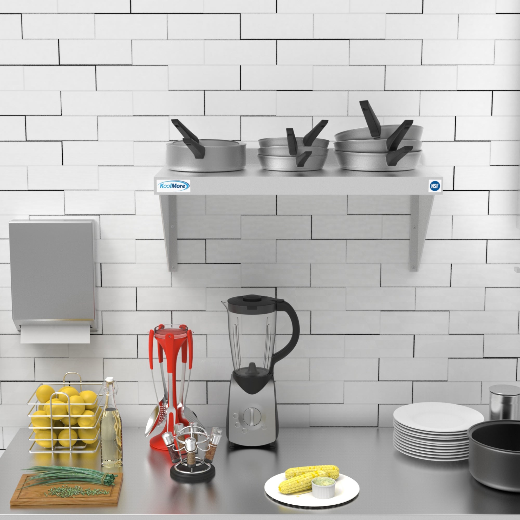 KoolMore 12" x 24" 18-Gauge Stainless-Steel Heavy Duty Wall Shelf with backsplash, showcasing its sturdy design and mounting brackets.