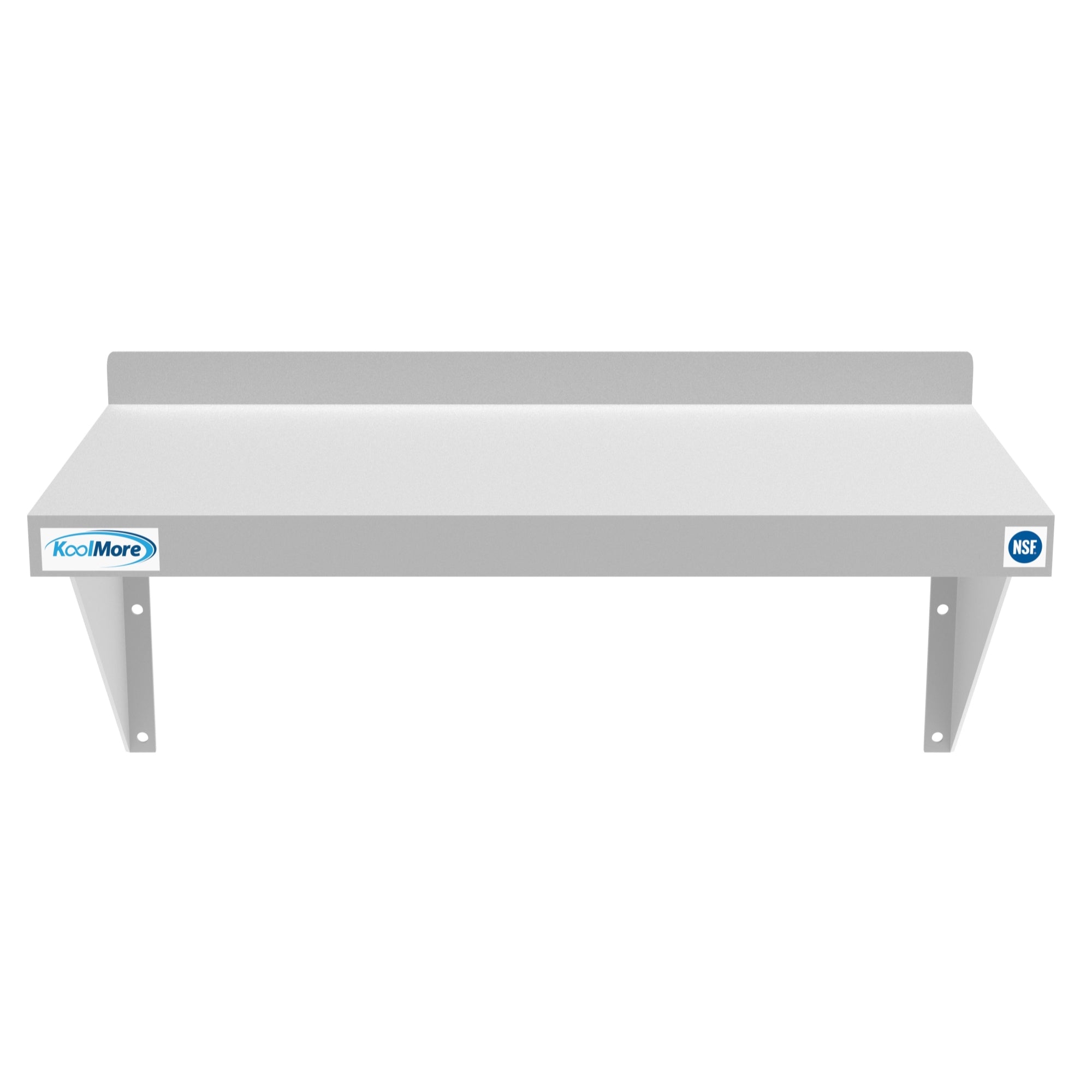 KoolMore 12" x 24" 18-Gauge Stainless-Steel Heavy Duty Wall Shelf with backsplash, showcasing its sturdy design and mounting brackets.