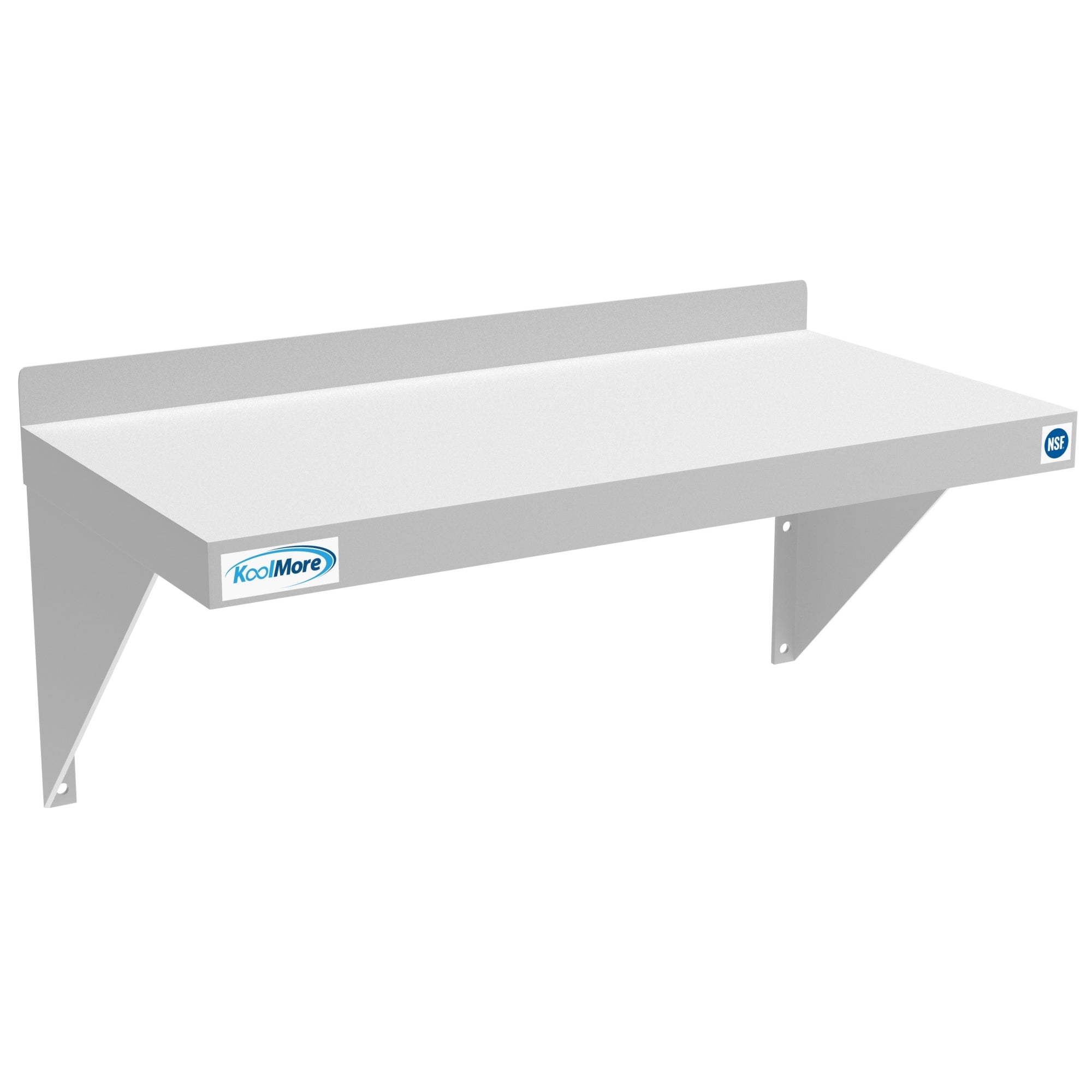 KoolMore 12" x 24" 18-Gauge Stainless-Steel Heavy Duty Wall Shelf with backsplash, showcasing its sturdy design and mounting brackets.