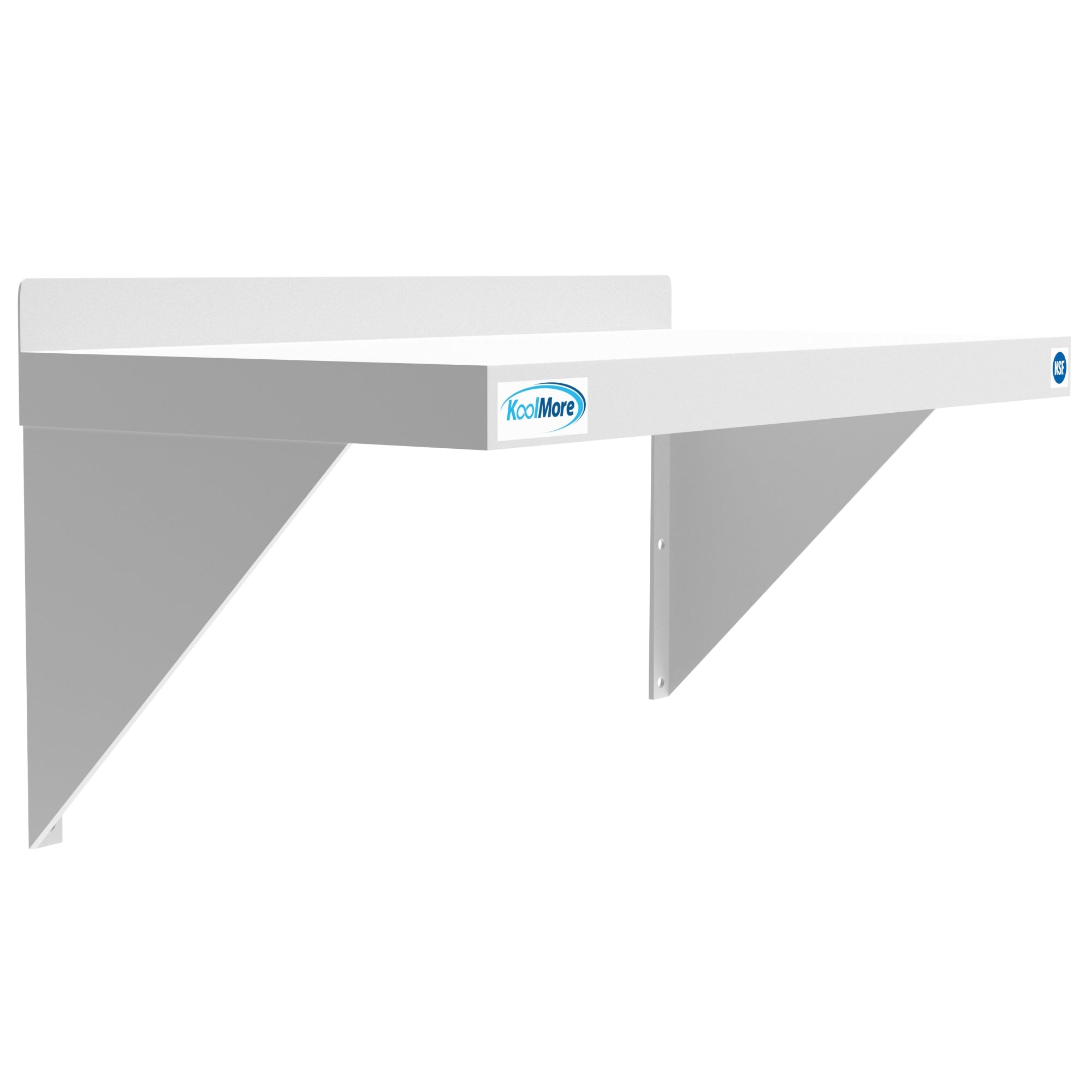 KoolMore 12" x 24" 18-Gauge Stainless-Steel Heavy Duty Wall Shelf with backsplash, showcasing its sturdy design and mounting brackets.